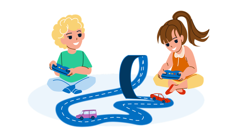 Niño y niña jugando pistas de autos juntos  Ilustración