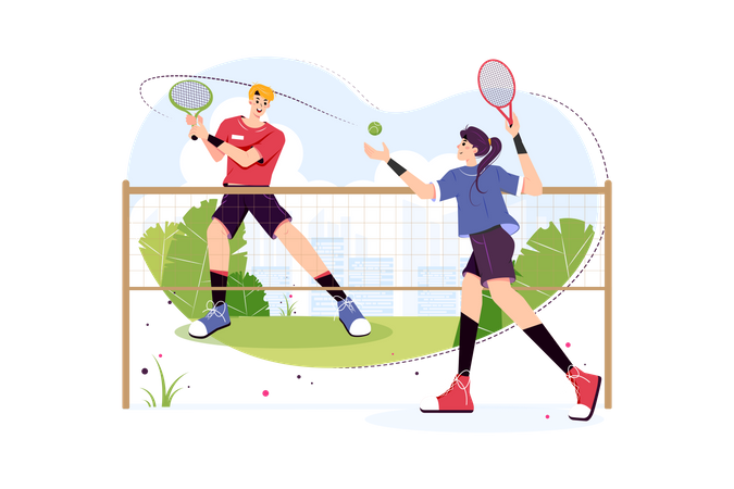 Niño y niña jugando tenis  Ilustración