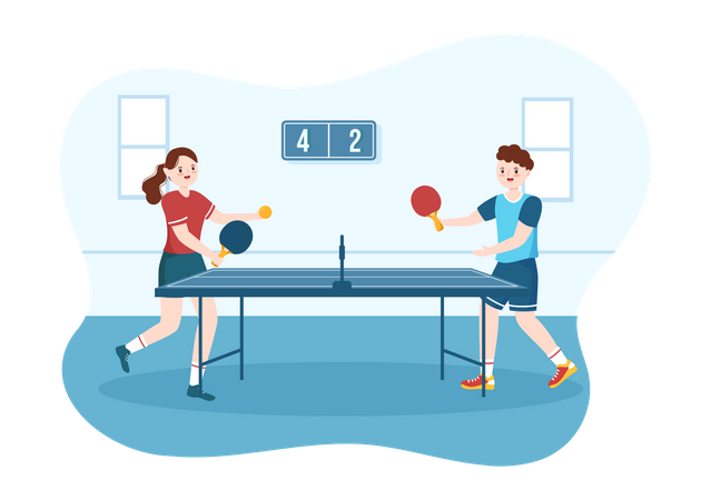 Niño y niña jugando tenis de mesa  Ilustración