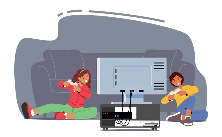 Niño y niña jugando videojuegos  Ilustración