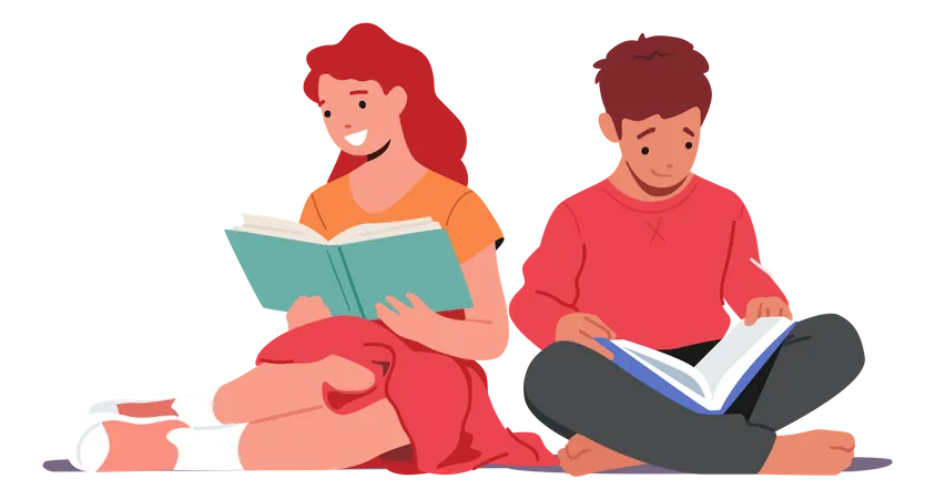 Niño y niña leyendo libros juntos  Ilustración
