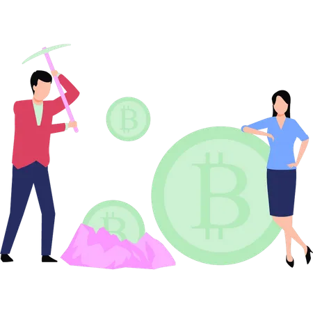 Niño y niña minando bitcoin  Ilustración