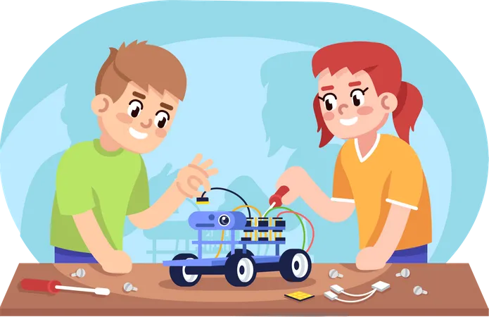 Niño y niña montando coche robot  Ilustración