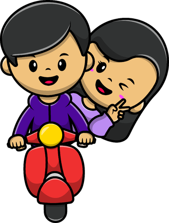 Niño y niña montando una scooter  Ilustración