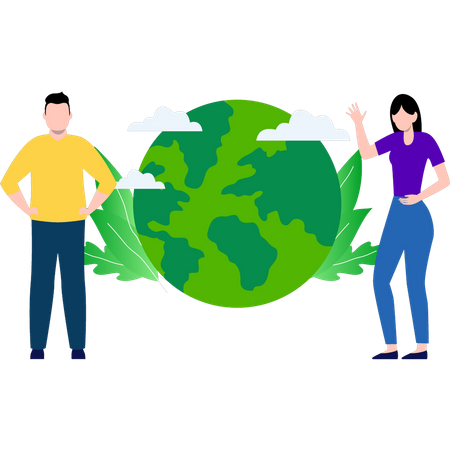 Niño y niña parados con un mundo verde.  Ilustración