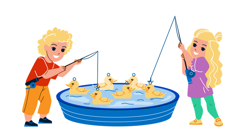 Niño y niña pescando patos en la piscina  Ilustración