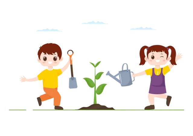 Niño y niña plantando árbol  Ilustración