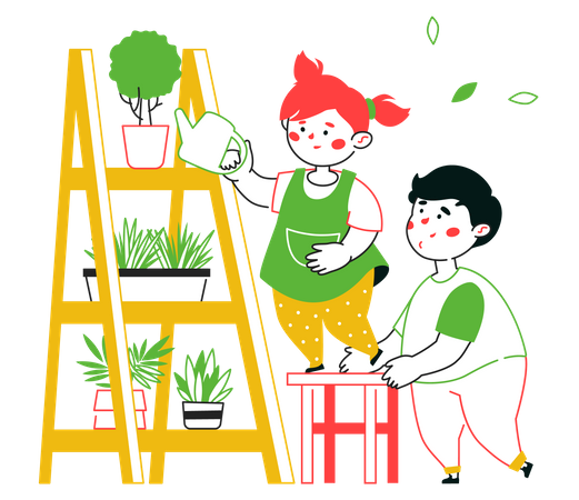 Niño y niña regando plantas  Ilustración