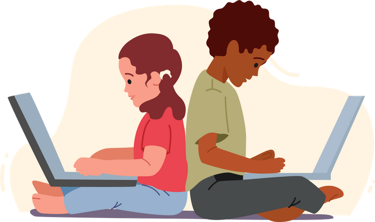 Niño y niña sentados con computadoras portátiles  Ilustración