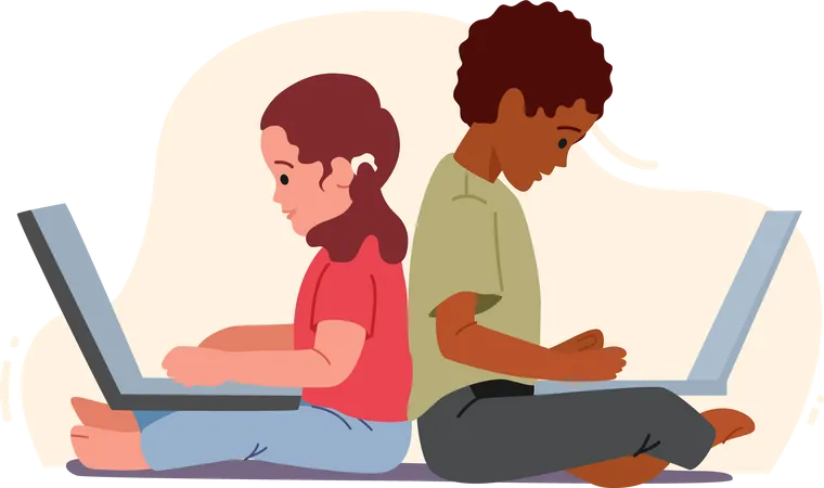 Niño y niña sentados con computadoras portátiles  Ilustración