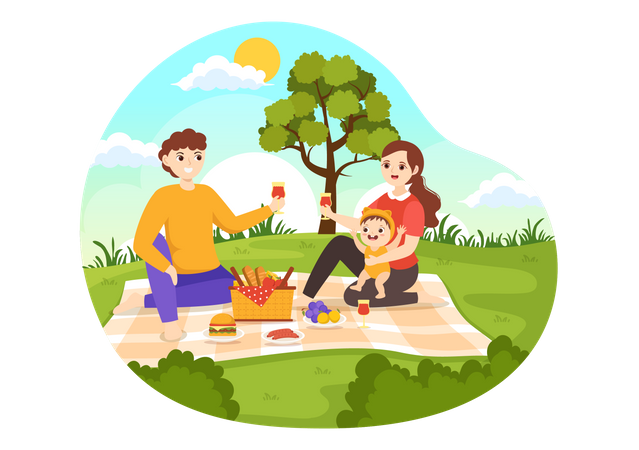 Niño y niña sentados sobre la hierba verde en la naturaleza en vacaciones de verano  Ilustración