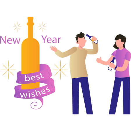 Niño y niña sosteniendo botellas de vino para la celebración del Año Nuevo  Illustration