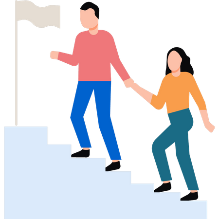 Niño y niña subiendo la escalera del éxito.  Ilustración