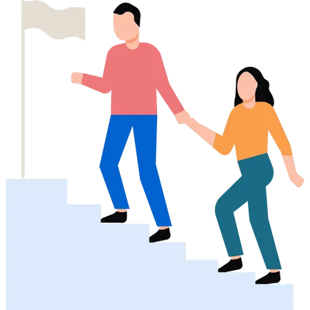 Niño y niña subiendo la escalera del éxito.  Ilustración