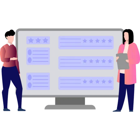 Niño y niña viendo las calificaciones de los clientes en el monitor  Ilustración