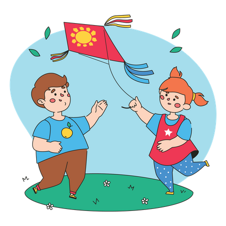 Niño y niña volando cometa  Ilustración