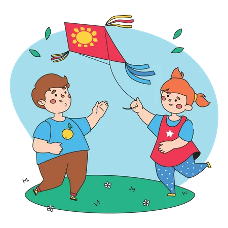 Niño y niña volando cometa  Ilustración