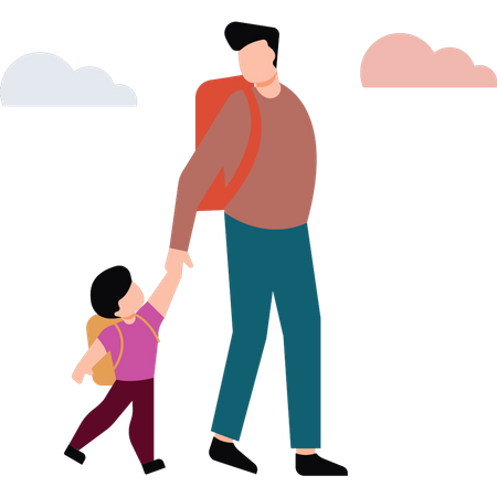 Niño y padre caminando juntos  Ilustración