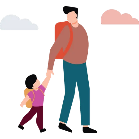 Niño y padre caminando juntos  Ilustración