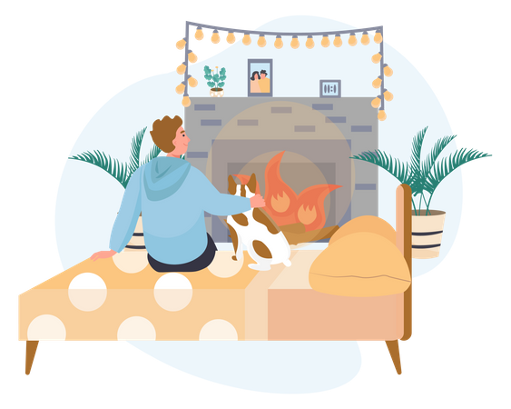 Niño y perro sentado frente a la chimenea  Ilustración