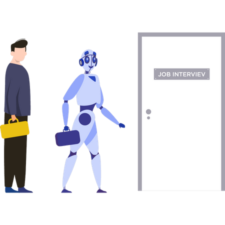 Niño y robot parados afuera de la sala de entrevistas de trabajo  Ilustración