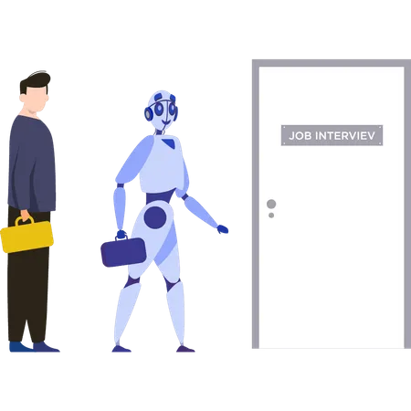 Niño y robot parados afuera de la sala de entrevistas de trabajo  Ilustración