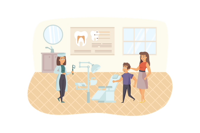 Niño y su madre visitando al dentista, examen y tratamiento del paciente Ilustración