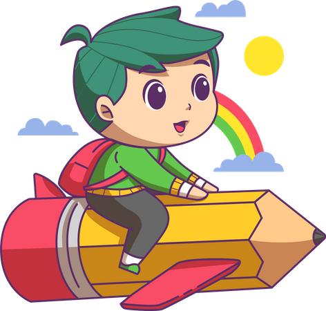 Niño yendo a la escuela sentado en un cohete  Ilustración