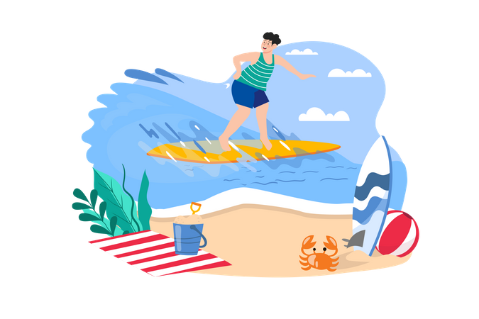 Niño va a surfear en la playa  Ilustración