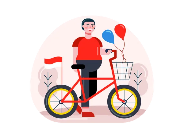 Niño va a la carrera de bicicletas el día de la independencia  Ilustración