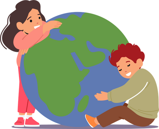 Niños abrazando el planeta tierra  Ilustración