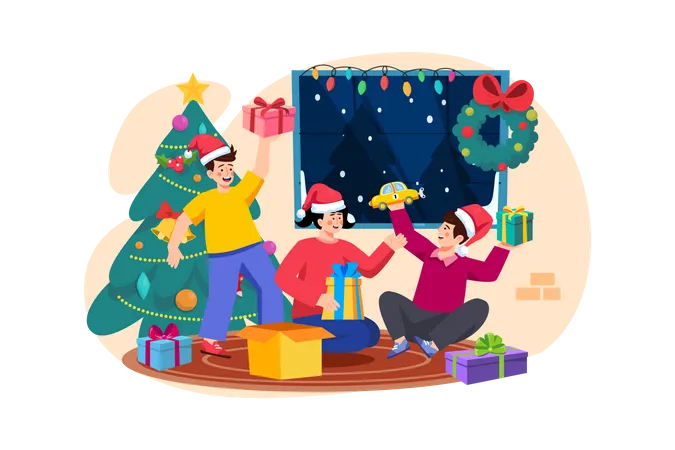 Niños abriendo regalos de Navidad y sintiéndose regocijados  Ilustración