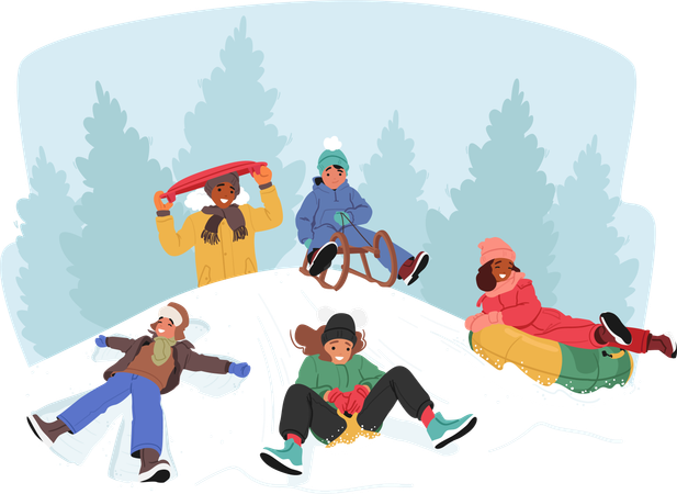 Niños alegremente en trineo por colinas nevadas  Ilustración