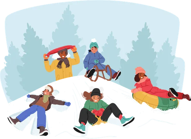 Niños alegremente en trineo por colinas nevadas  Ilustración