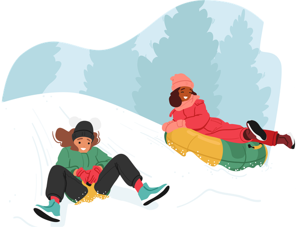 Niños alegres en trineo por colinas nevadas  Ilustración