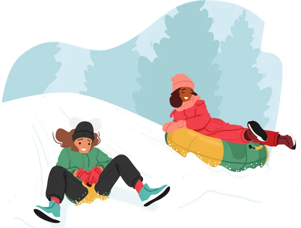Niños alegres en trineo por colinas nevadas  Ilustración