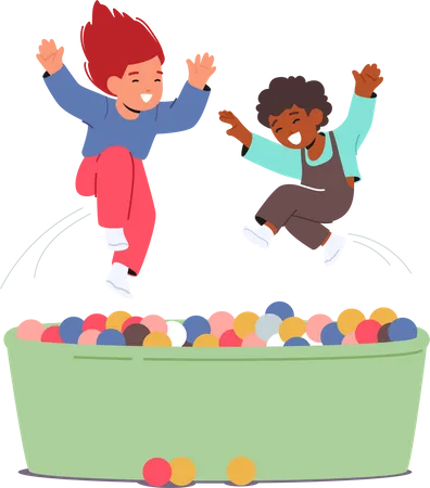 Niños alegres jugando en la piscina con bolas de colores  Ilustración