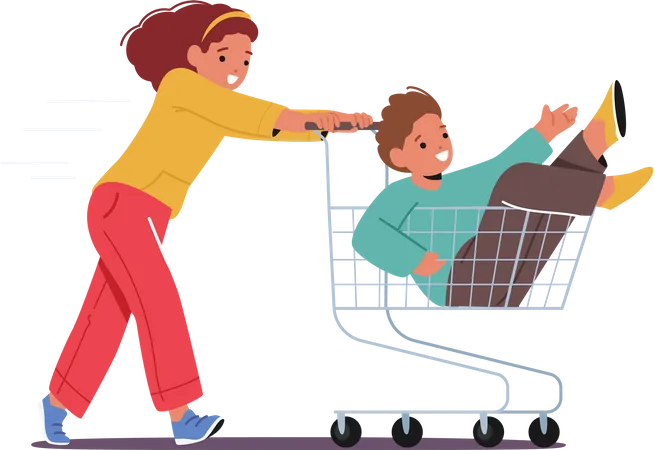Niños alegres montando carrito de supermercado  Ilustración