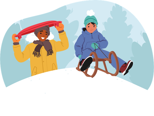 Niños alegres se acercan por las laderas nevadas  Ilustración