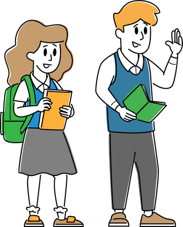 Niños alumnos vistiendo uniforme con mochilas y libros de texto  Ilustración