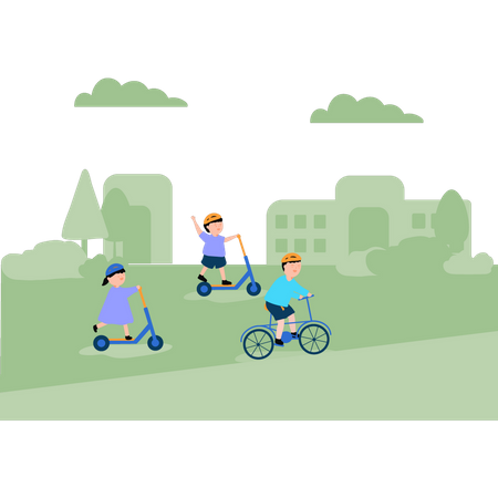 Niños andando en bicicleta patinando en el parque  Ilustración