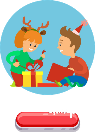 Niños abriendo regalo de Navidad.  Ilustración