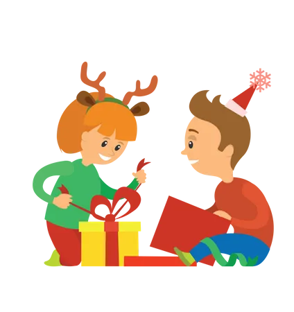 Niños abriendo regalos de navidad  Ilustración