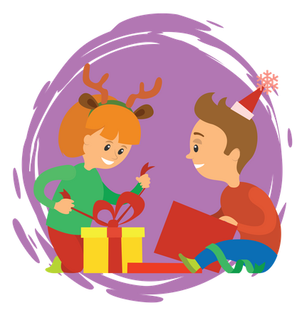 Niños abriendo regalos de navidad  Ilustración