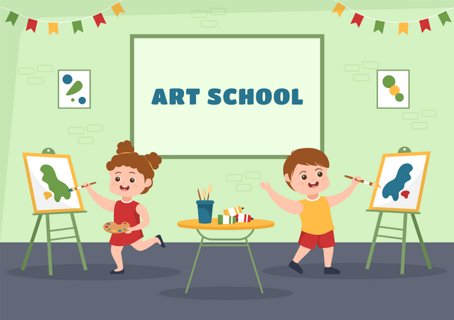 Niños aprendiendo a dibujar en la escuela de arte.  Ilustración