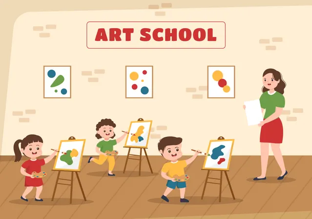 Niños aprendiendo arte en la escuela de arte.  Ilustración