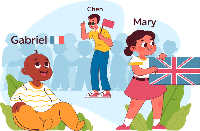 Niños aprendiendo diferentes idiomas  Ilustración