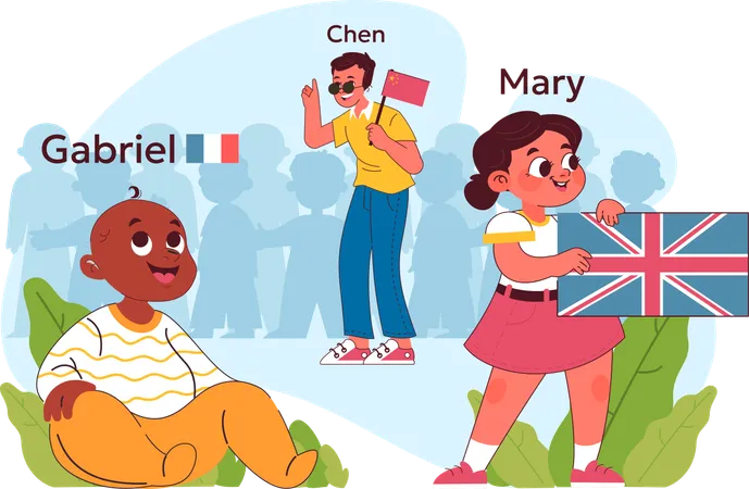 Niños aprendiendo diferentes idiomas  Ilustración