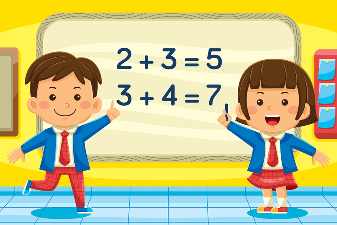 Niños aprendiendo matemáticas en clase.  Ilustración