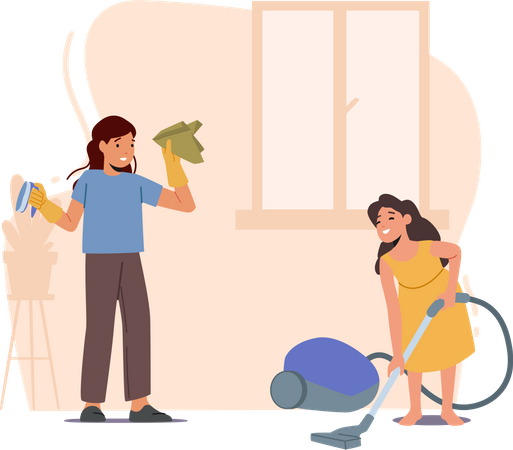 Niños ayudantes limpiando el hogar con aspiradora  Ilustración